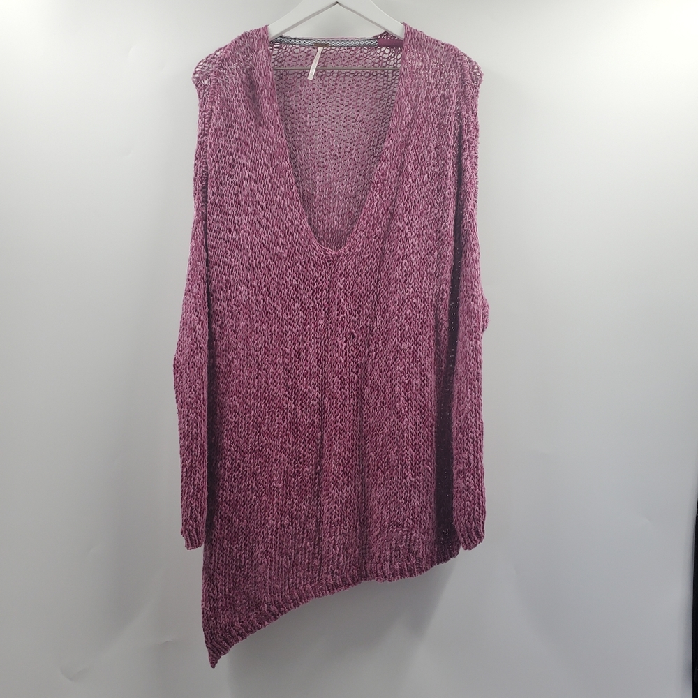 Free People Vertigo Pullover Mesh Knit Sweater Pink Boho Cozy V Asymmetrical